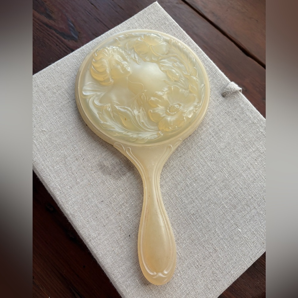 RARE!!! Vintage Antique Art Nouveau Repousse Lady Yellow Translucent Hand Mirror